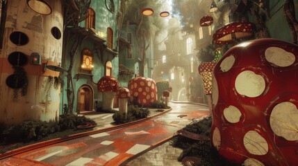 Enchanted mushroom village with a whimsical fairytale street, huge red and white mushrooms, magical forest alleys, a dreamy cityscape, and surreal architecture