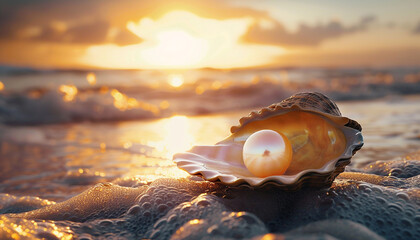 pearl on shell in a beach generated by AI