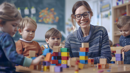 Caring teacher and children playing with wooden blocks in a kindergarten classroom. Teachers day....