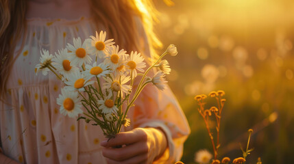 Close up woman hand holding daisy flowers in evening summer countryside, generative ai