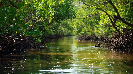 serene mangrove creek with lush vegetation, serving as a sanctuary for birds and other wildlife in coastal ecosystems.