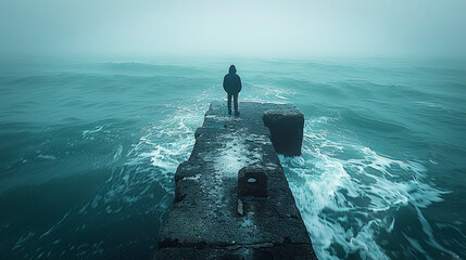 A man standing on a jetty and staring out to sea.
