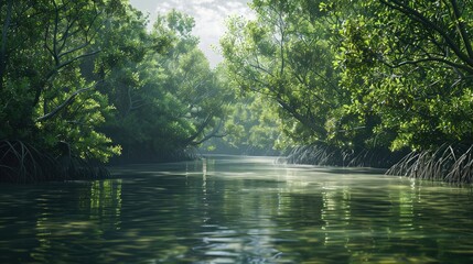 serene mangrove creek with lush vegetation, serving as a sanctuary for birds and other wildlife in coastal ecosystems.