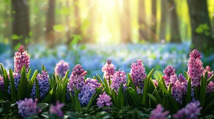 Spring glade in forest with flowering pink and purple hyacinths in sunny day in nature. Colorful natural spring landscape with with flowers, soft selective focus.