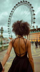 A woman in a stylish black dress walks by the London Eye, leading the viewer by the hand in a dynamic urban setting.
