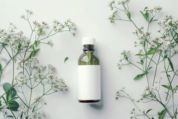 A single bottle with a clean, white label is surrounded by delicate white blossoms