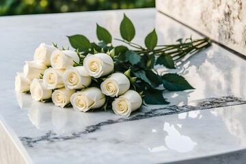 white roses laying on marble tombstone