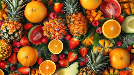 A colorful fruit display with oranges, strawberries, and watermelon. Concept of abundance and...