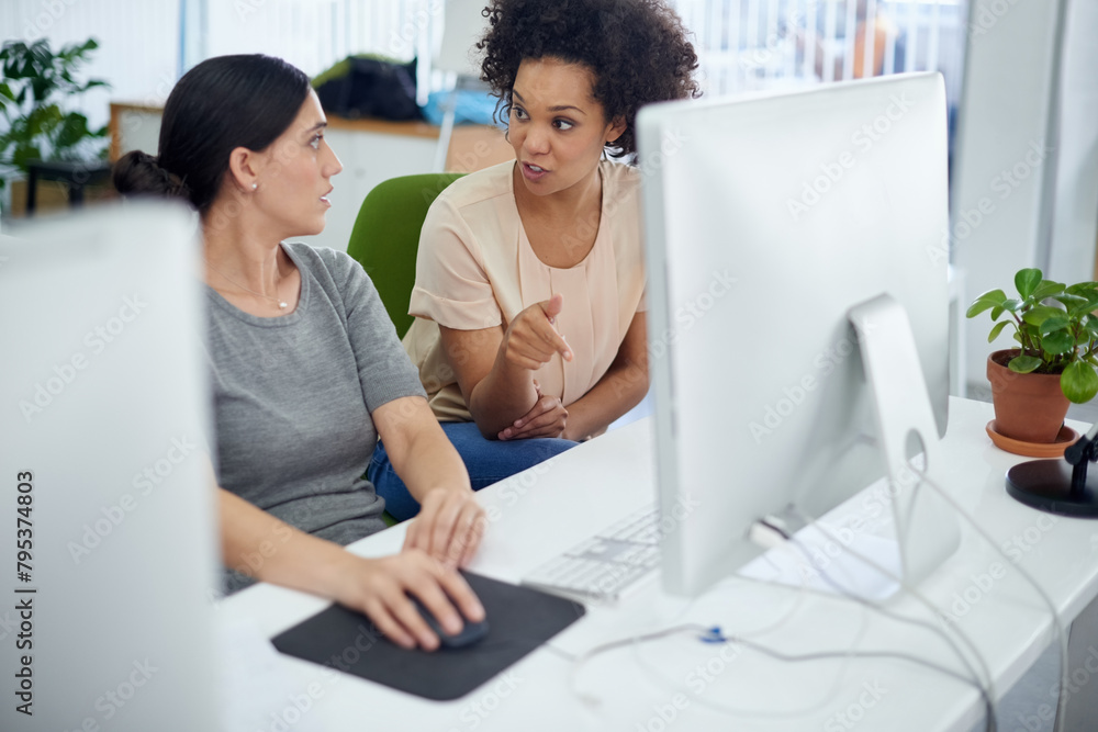 Poster businesswoman, partner and computer in office as team or web designer talking with digital technolog