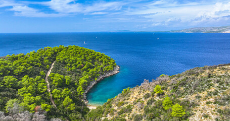 AERIAL: Secluded cove with turquoise waters, surrounded by a dense pine forest. - obrazy, fototapety, plakaty