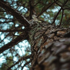 Observing the trunk of a deciduous tree covered in moss in a temperate broadleaf forest. The brown wood with twigs creates a serene atmosphere in the dense forest