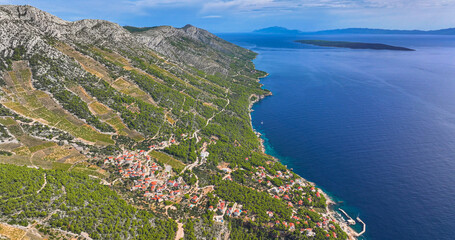 AERIAL: Charming coastal village in Adriatic with vineyards ascending hillside