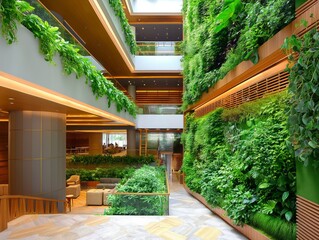A large indoor space with a green wall and plants. The space is designed to be a relaxing and calming environment