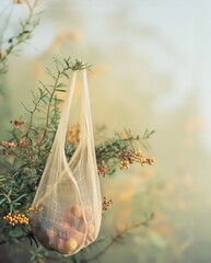 Eco bag with sea buckthorn berries on a blurred background.