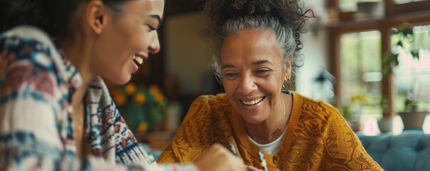 A smiling female caregiver aids a senior woman with a puzzle at home, depicting companionship and assistance. - obrazy, fototapety, plakaty