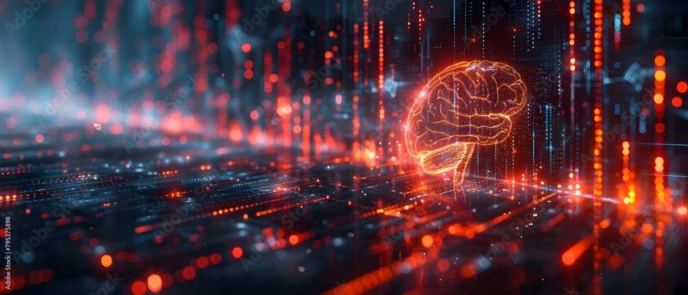 Poster digital brain overlaying financial charts: symbolizing dynamic business strategies in abstract form.