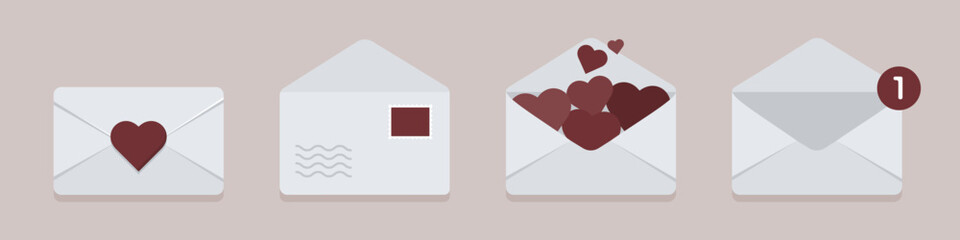 Letter envelope with paper document. Opened and closed envelope with note paper. Mailbox envelope vector icons in flat style. Mail icon set.