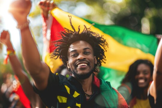 Energetic man at Juneteenth parade smiling broadly with friends, waving flags in a festive, colorful setting. Captures the spirit of freedom and unity. Generated AI