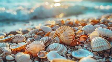 Fototapeta na wymiar Close-up of seashells piled up on the beach, inviting beachcombers to marvel at the treasures of the summer seashore.