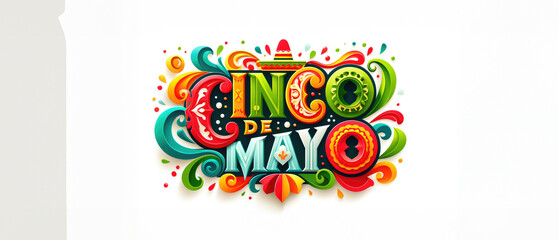 Exuberant Cinco de Mayo lettering surrounded by a flourish of vivid paper scrollwork and ornaments, perfect for lively event flyers and promotions with copy space