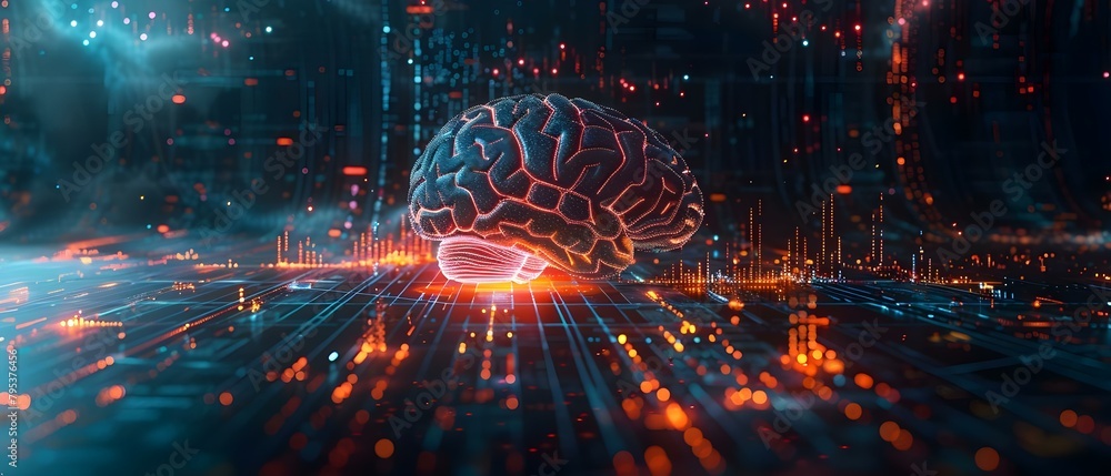 Poster digital brain overlaying financial charts symbolizing dynamic business strategies in abstract form. 