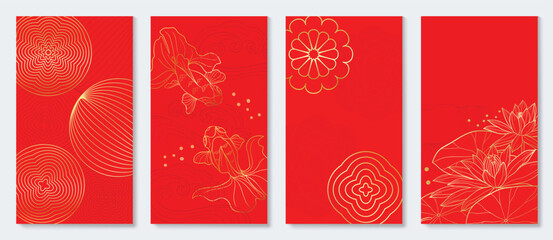 Happy Chinese New Year cover background vector. Luxury background design with goldfish, lotus flower, lantern. Elegant oriental illustration for cover, banner, website, calendar, card.
