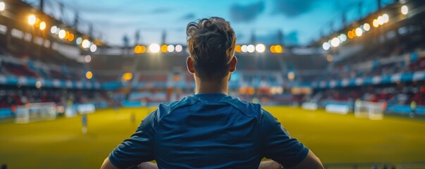 A soccer player stands ready for the game in front of the stadium, viewed from the back.