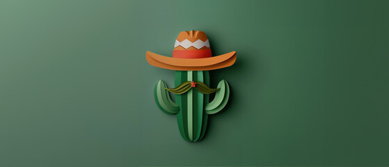 Stylized cactus character with a sombrero, showcasing a playful take on Mexican themes, ideal for quirky flyers and invitations with abundant copy space