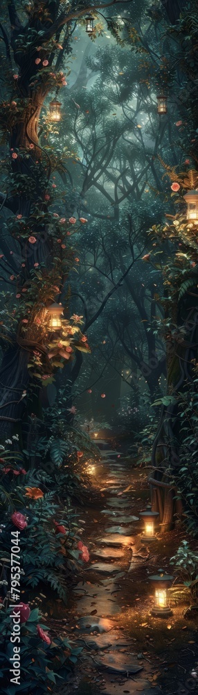 Poster a forest path with glowing lanterns and trees