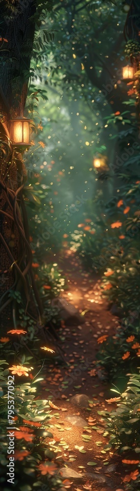 Poster a forest path with a lantern on the left and a lantern on the right