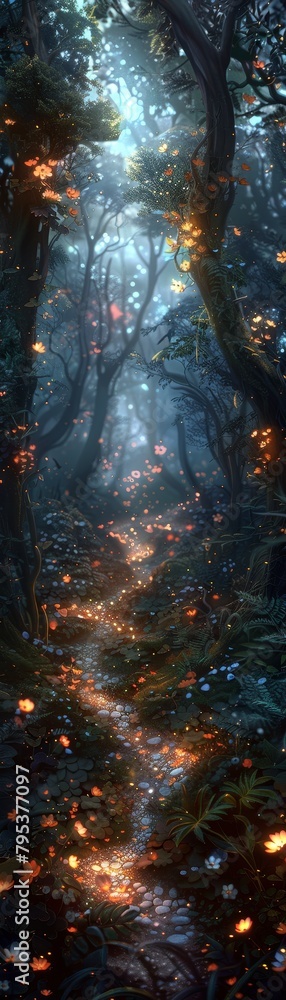 Poster a forest with a path that is lit up with fireflies