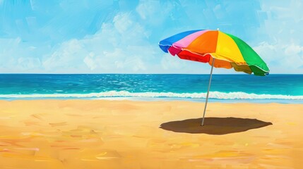 colorful beach umbrella casting shade on golden sands, providing relief from the scorching summer sun.