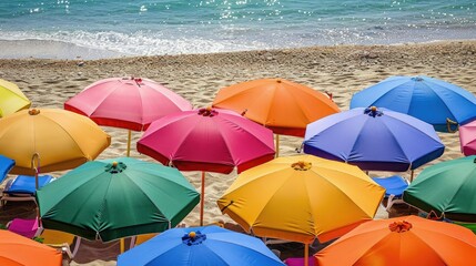 Colorful beach umbrellas dotting the shoreline, creating a picturesque oasis for sun-seekers during summer vacations.