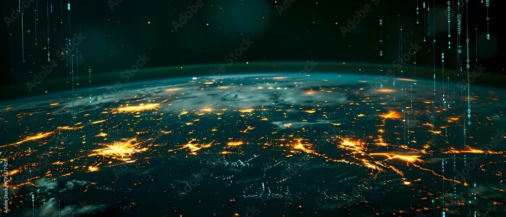 Poster digital grid overlaid on earth representing global communication networks technology artistically. c