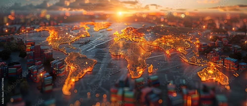 Poster commercial port with shipping containers on illuminated map showing global trade routes. concept com
