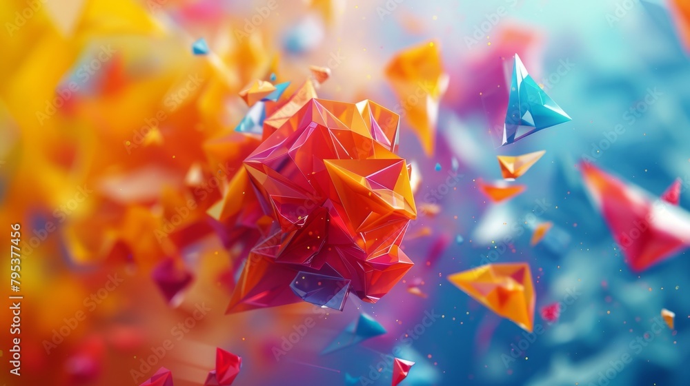 Poster a 3d rendering of a colorful explosion with a central core and shards flying off in all directions.