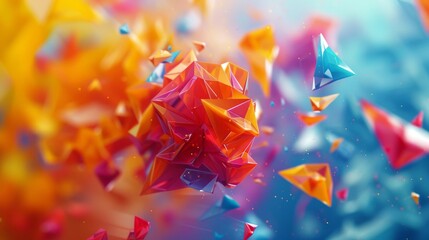 A 3D rendering of a colorful explosion with a central core and shards flying off in all directions.