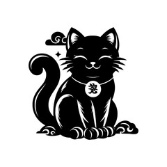 black cat on vector. Black Japanese traditional lucky cat traditional. Cute cat and clouds. Cat Maneki Neko