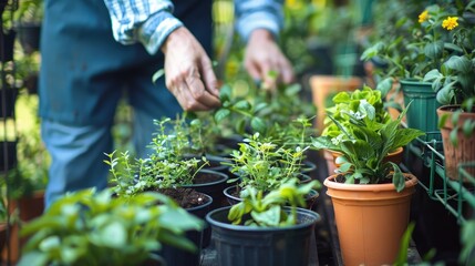 Fototapeta premium gardener carefully tending to a row of potted plants, ensuring they receive proper care and attention for healthy growth.