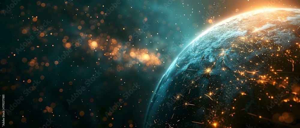 Poster artistic representation of global communication networks: digital grid overlaid on earth. concept sc
