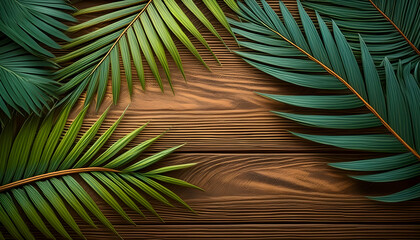 Wooden Texture Background with Copyspace: Tropical Palm Leaves for Summer Concept