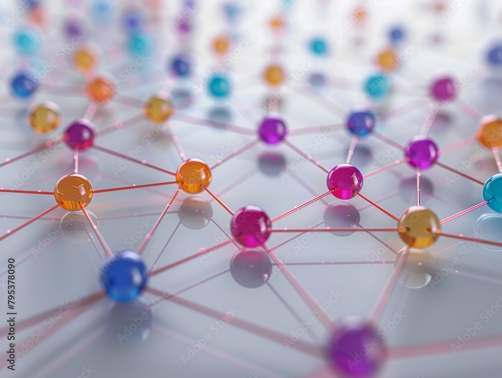 Poster a 3d rendering of a network of interconnected spheres. the spheres are arranged in a grid-like patte