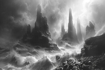Ethereal mist swirling around abstract monoliths, shrouding the landscape in a veil of enigmatic...