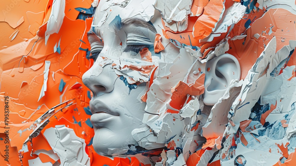 Poster a 3d rendering of a woman's face with paint peeling off in an abstract expressionist style.