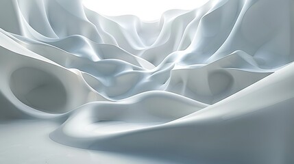 A 3D rendering of a white, organic, flowing, cave-like structure with a bright light source in the distance.