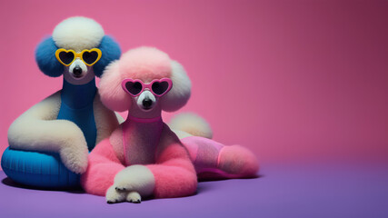 Fototapeta premium Funny dog wearing summer fashion on pastel background with copy space. Summer Vacation Concept.