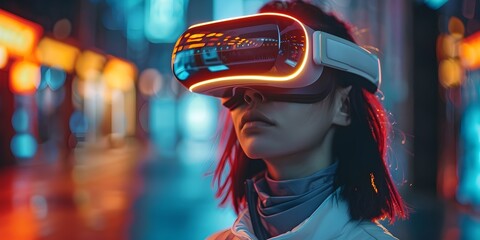 Fototapeta premium Fashionable Wearable Tech Immersing Woman in Vibrant Inspired Urban Landscape