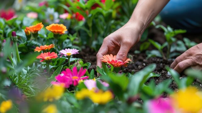 Hands gently arranging colorful flowers in a garden bed, creating a vibrant landscape of natural beauty and tranquility.