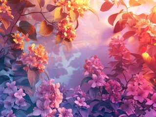 A beautiful 3D rendering of colorful flowers in a surreal environment.