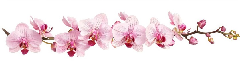 A branch of pink orchids on a white background.